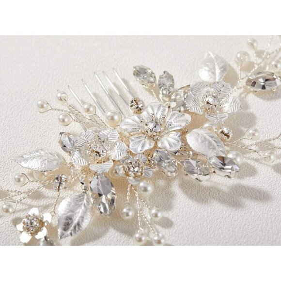 ?Women Silver Handmade with Crystals Pearls and Leaves Hair Comb Accessories main image 4